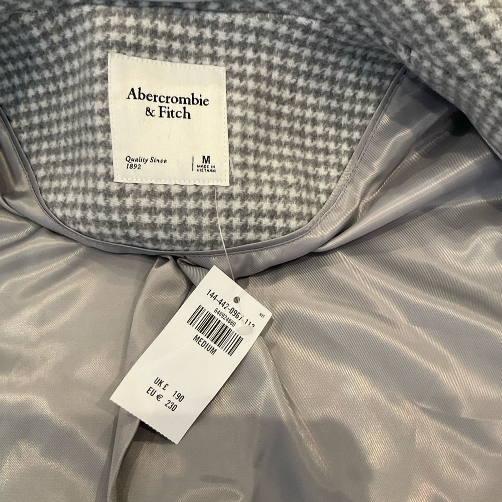 NWT Abercrombie & Fitch Wool Blend Houndstooth Tailored Top Coat in Grey Medium - Picture 15 of 16